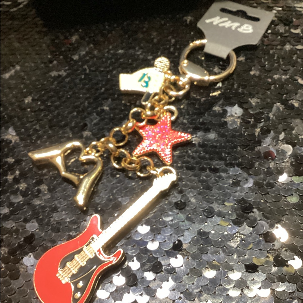 Gold Guitar and Star Keychain with Red Guitar Charm NEW